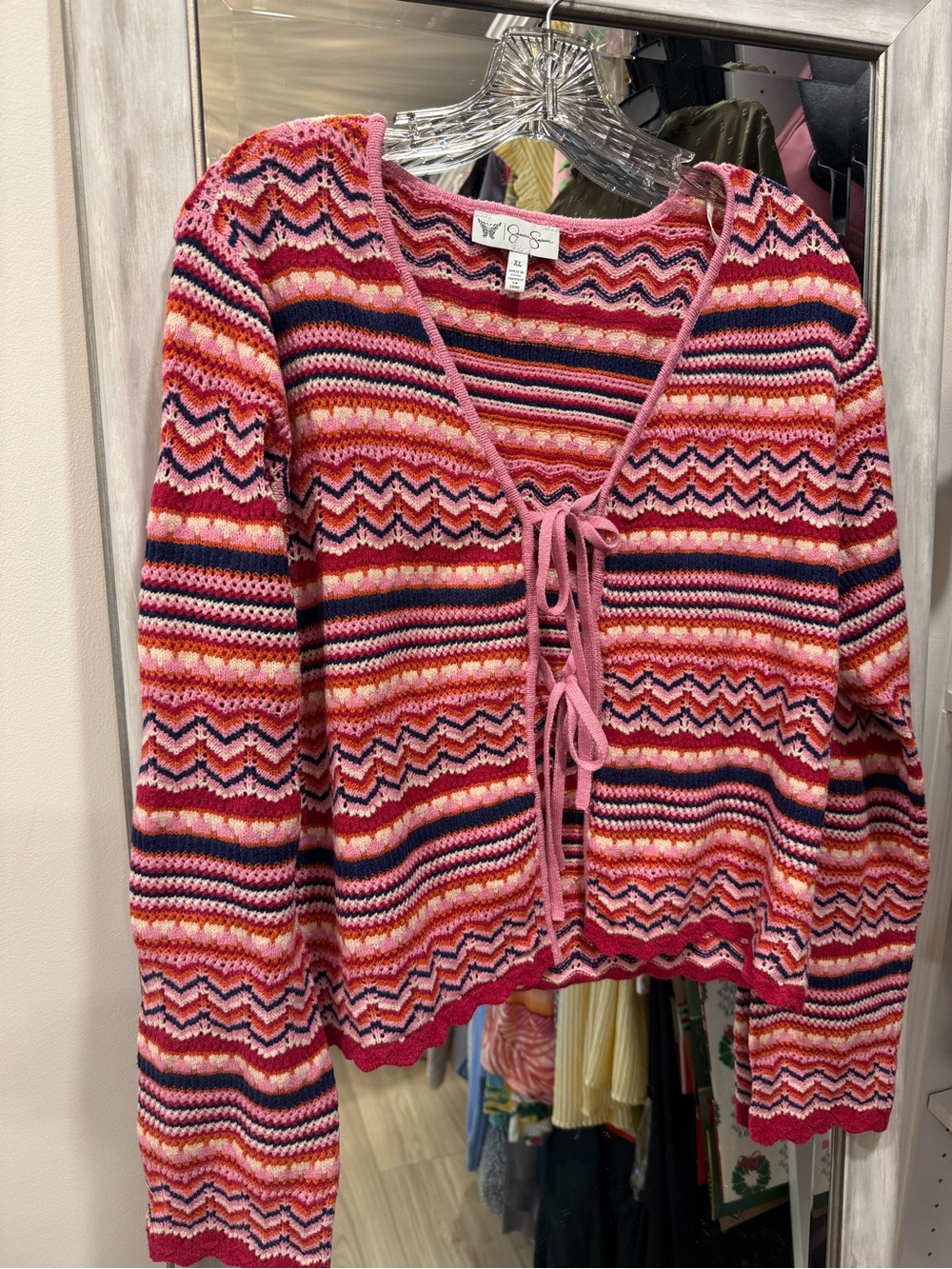 Jessica Simpson Pink Multi-Color Striped Tie-Front Cardigan